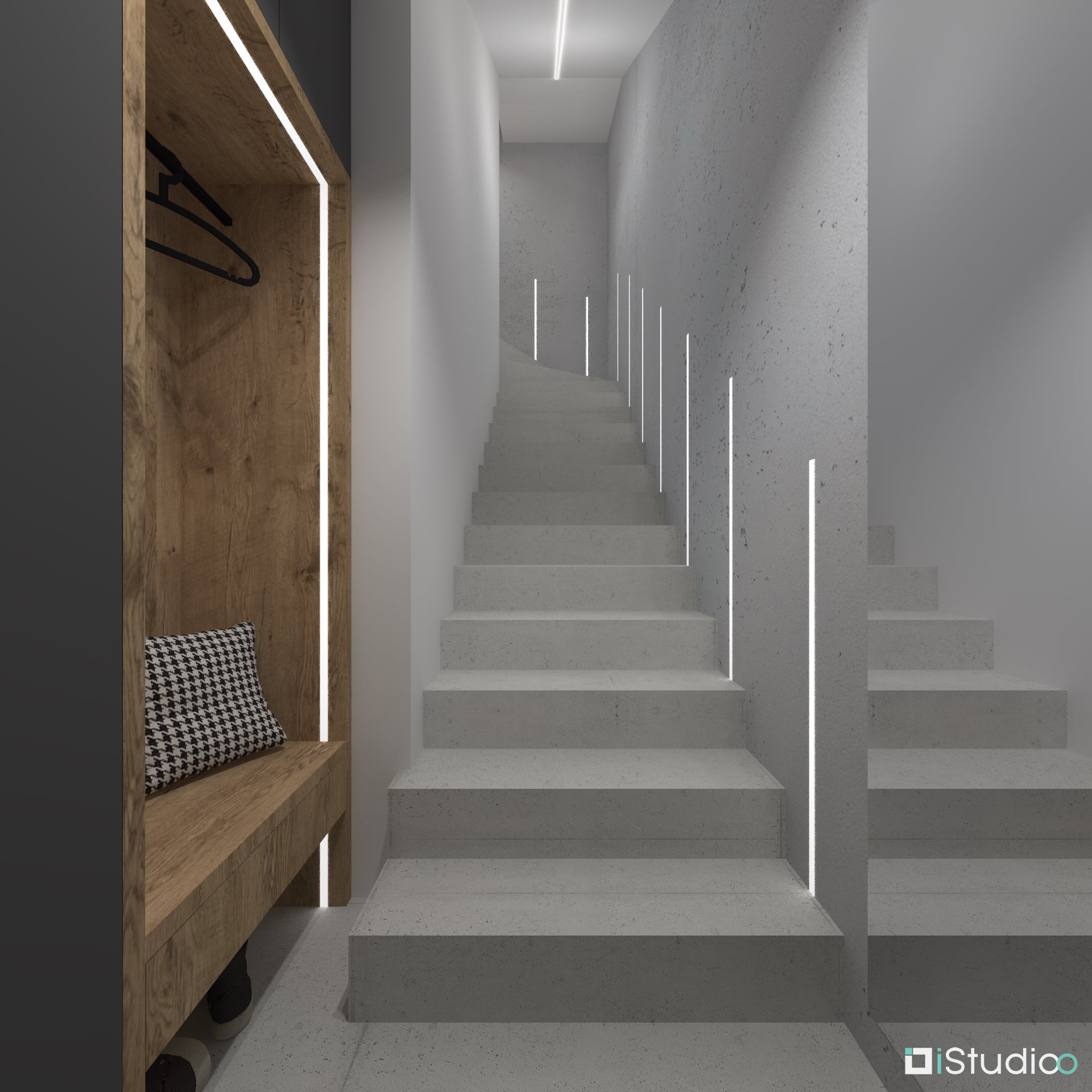 Nowoczesne wnętrze: korytarz z betonowymi schodami oświetlonymi pionowymi lampami LED, drewniana szafka z wnęką na siedzisko z poduszką w pepitkę i czarnym wieszakiem.