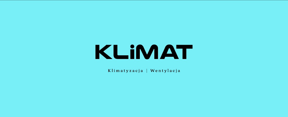 Logo firmy z branży klimatyzacji i wentylacji na turkusowym tle. Napis 'KLIMAT' w czcionce bezszeryfowej, poniżej 'Klimatyzacja | Wentylacja' mniejszą czcionką.