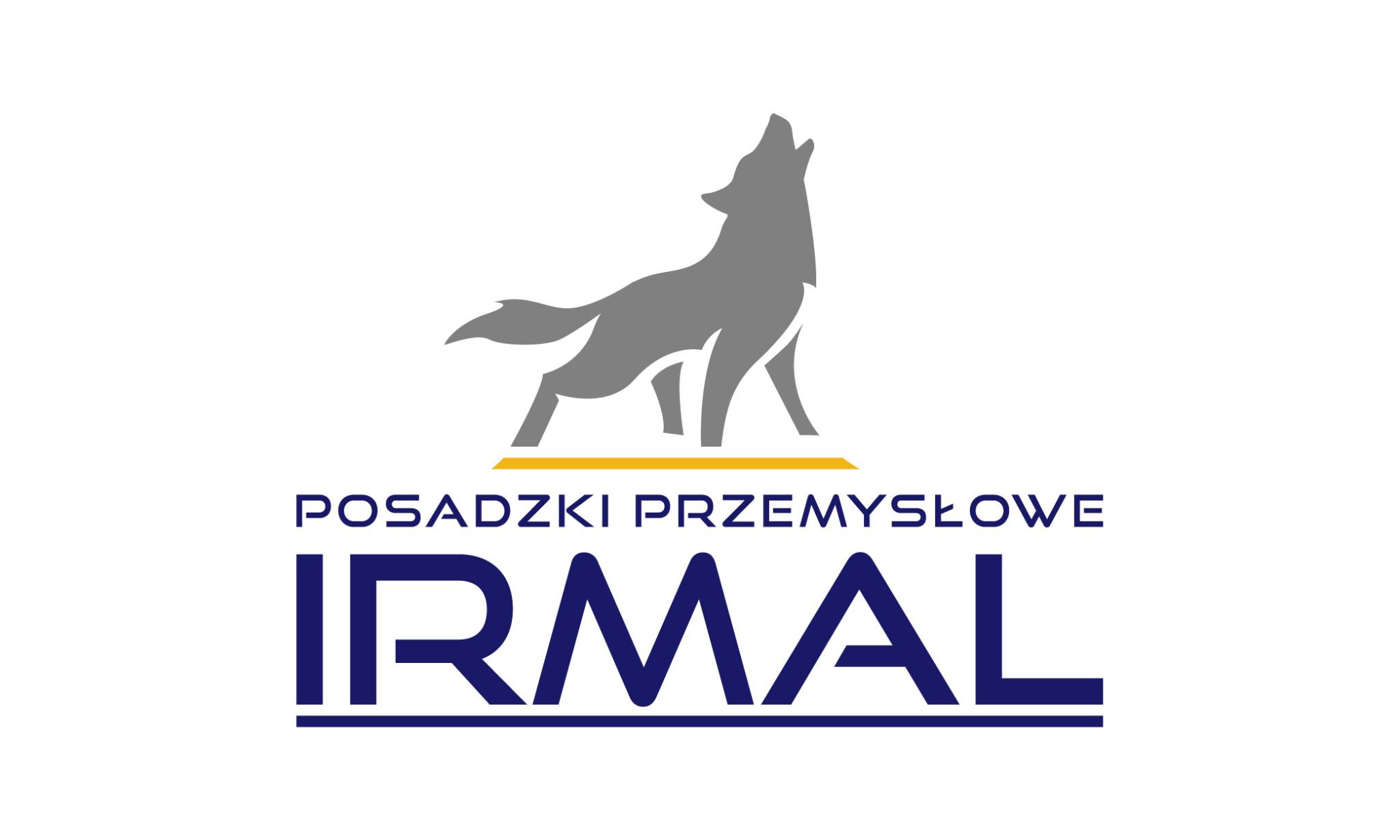Logo firmy IRMAL specjalizującej się w posadzkach przemysłowych, z motywem wycia wilka w kolorze szarym na górze.