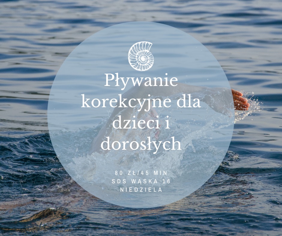 Pływak w trakcie ruchu w wodzie, widoczna ręka i część twarzy, nałożony okrąg z tekstem informacyjnym o pływaniu korekcyjnym dla dzieci i dorosłych oraz cenie i adresie.