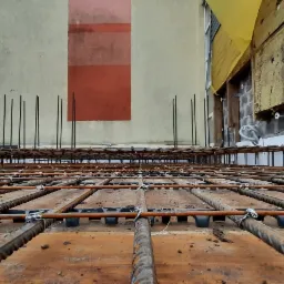 Zbrojenie fundamentu w postaci stalowej siatki ułożonej na dystansach z tworzywa sztucznego, widok z bliska na tle ściany budynku w trakcie ocieplania.