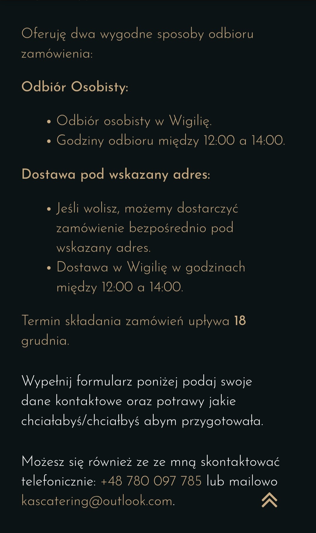 Informacja o odbiorze zamówień na Wigilię: odbiór osobisty (12:00-14:00) lub dostawa pod adres (12:00-14:00). Termin składania zamówień: 18 grudnia.