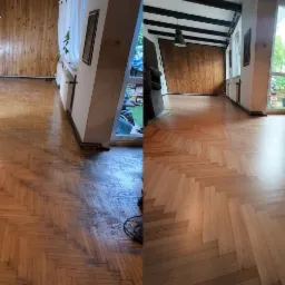 Parkiet bukowy przed i po renowacji