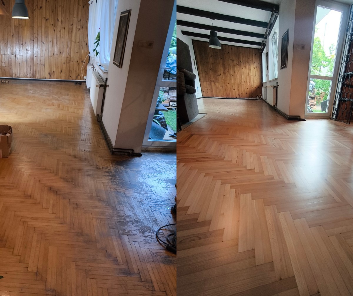 Parkiet bukowy przed i po renowacji