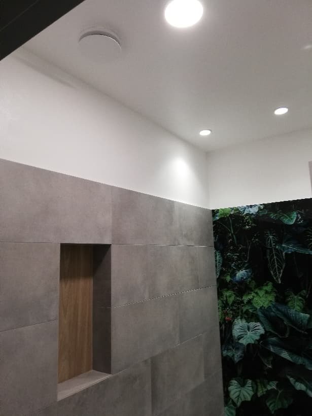 Nowoczesna łazienka z szarymi płytkami imitującymi beton, wnęką wyłożoną drewnem i tapetą w tropikalne liście, oświetlona punktowo.