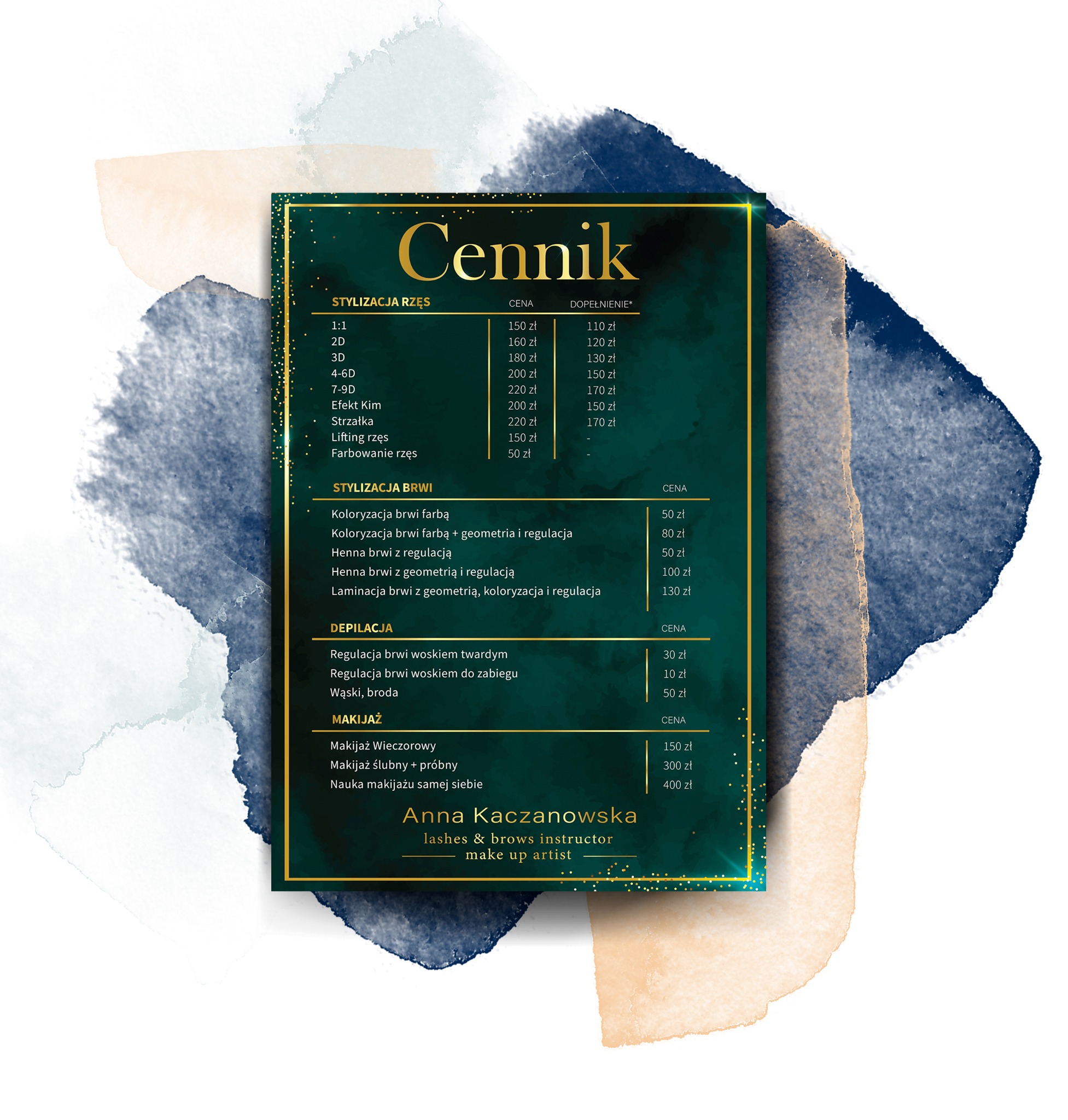 Cennik usług stylizacji rzęs, brwi, depilacji i makijażu, z nazwiskiem instruktorki i make-up artist Anny Kaczanowskiej, na tle z efektem akwareli w odcieniach beżu i granatu.