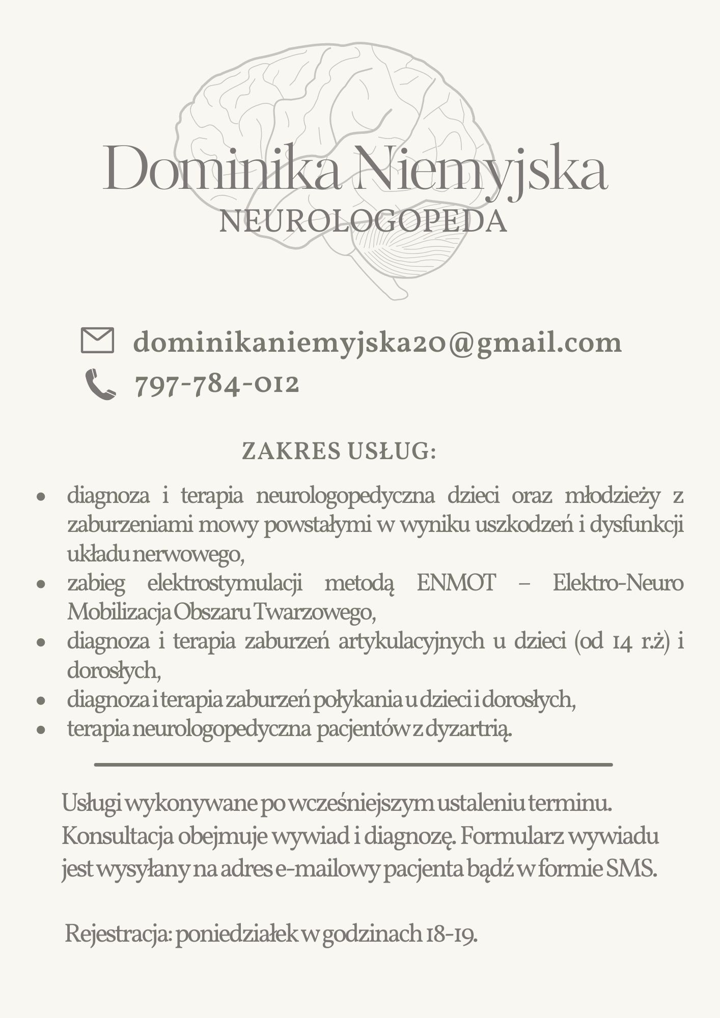 Wizytówka neurologopedy Dominiki Niemyjskiej z zakresem usług, adresem e-mail i numerem telefonu, uzupełniona o graficzną reprezentację mózgu.