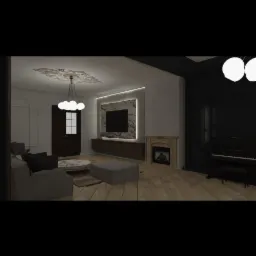 Wnętrze salonu z szarą sofą, drewnianą podłogą, marmurowym panelem TV, kominkiem i czarnym pianinem w rogu.