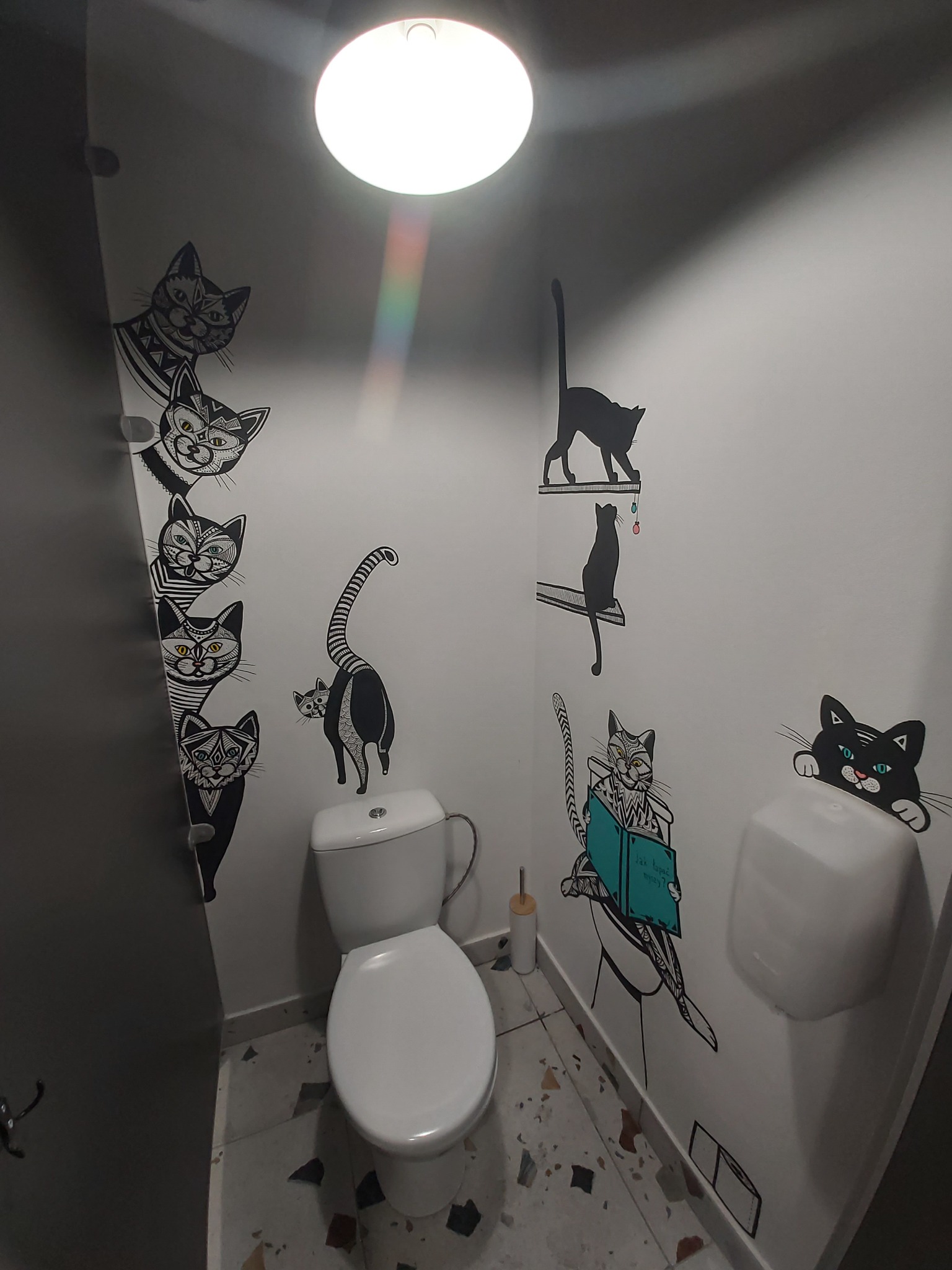Wnętrze łazienki z toaletą, której ściany zdobią czarno-białe rysunki kotów w różnych pozach i stylach, od realistycznych po abstrakcyjne, wykonane prawdopodobnie ręcznie.