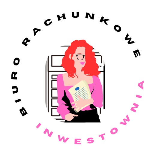 Grafika wektorowa przedstawiająca logo biura rachunkowego: kobieta z rudymi włosami i okularami trzymająca dokumenty na tle kalkulatora, otoczona napisem 'BIURO RACHUNKOWE INWESTOWNIA'.