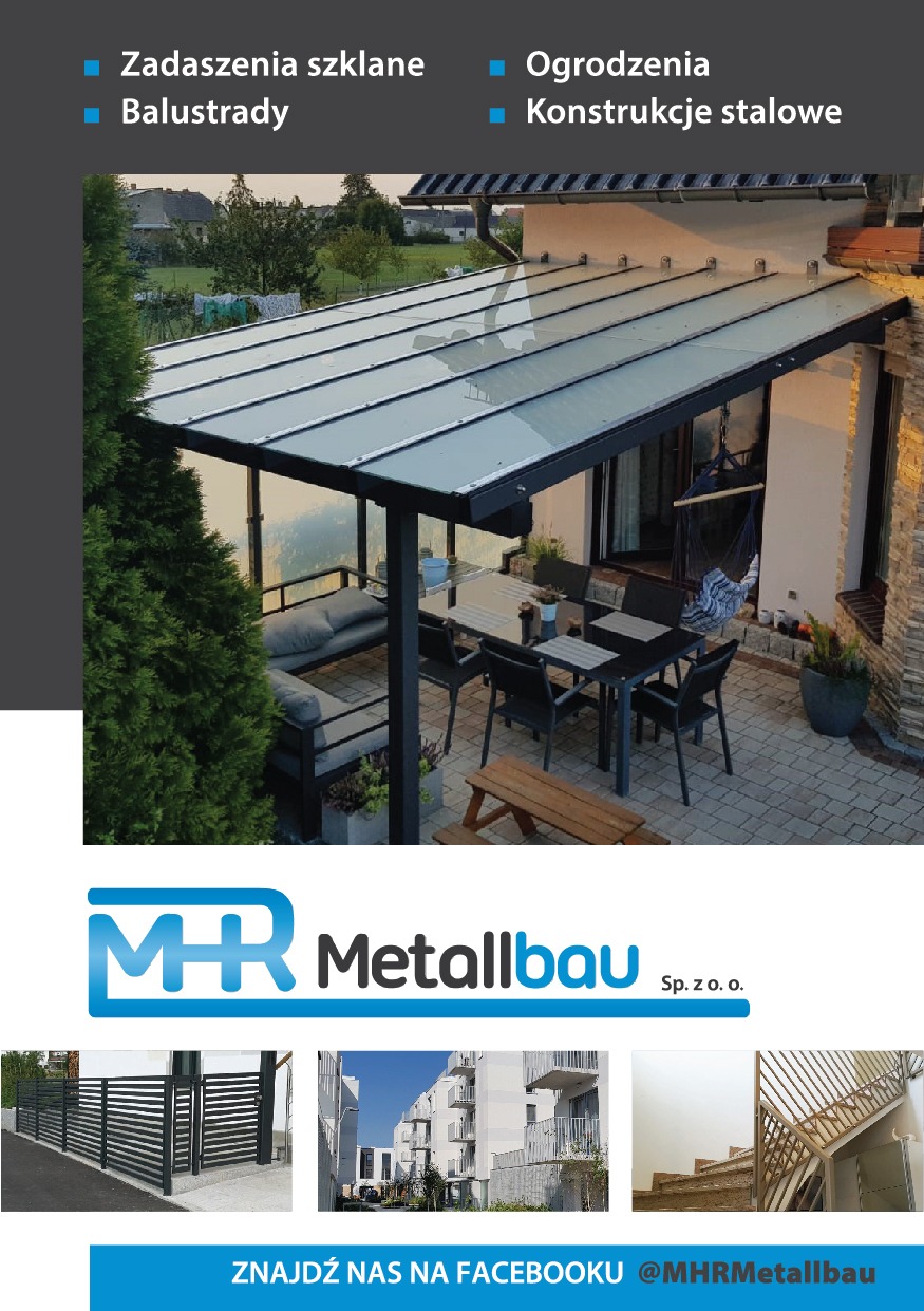 Zadaszenie tarasu ze szklanym dachem i metalową konstrukcją nośną, widok na meble ogrodowe i hamak w tle, reklama firmy Metallbau z logiem i zdjęciami ogrodzenia, balustrady i schodów.