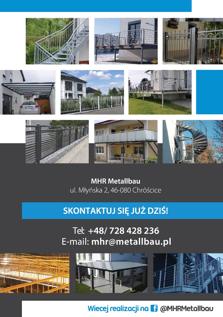 Kolaż zdjęć prezentujący różnorodne realizacje firmy MHR Metallbau, w tym metalowe schody zewnętrzne, balustrady balkonowe, ogrodzenia posesji, zadaszenia tarasowe i konstrukcje stalowe, z danymi...