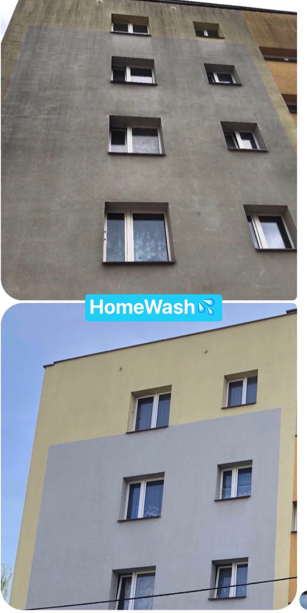 Porównanie fragmentu elewacji budynku przed i po czyszczeniu, widoczne różnice w kolorze i czystości powierzchni.