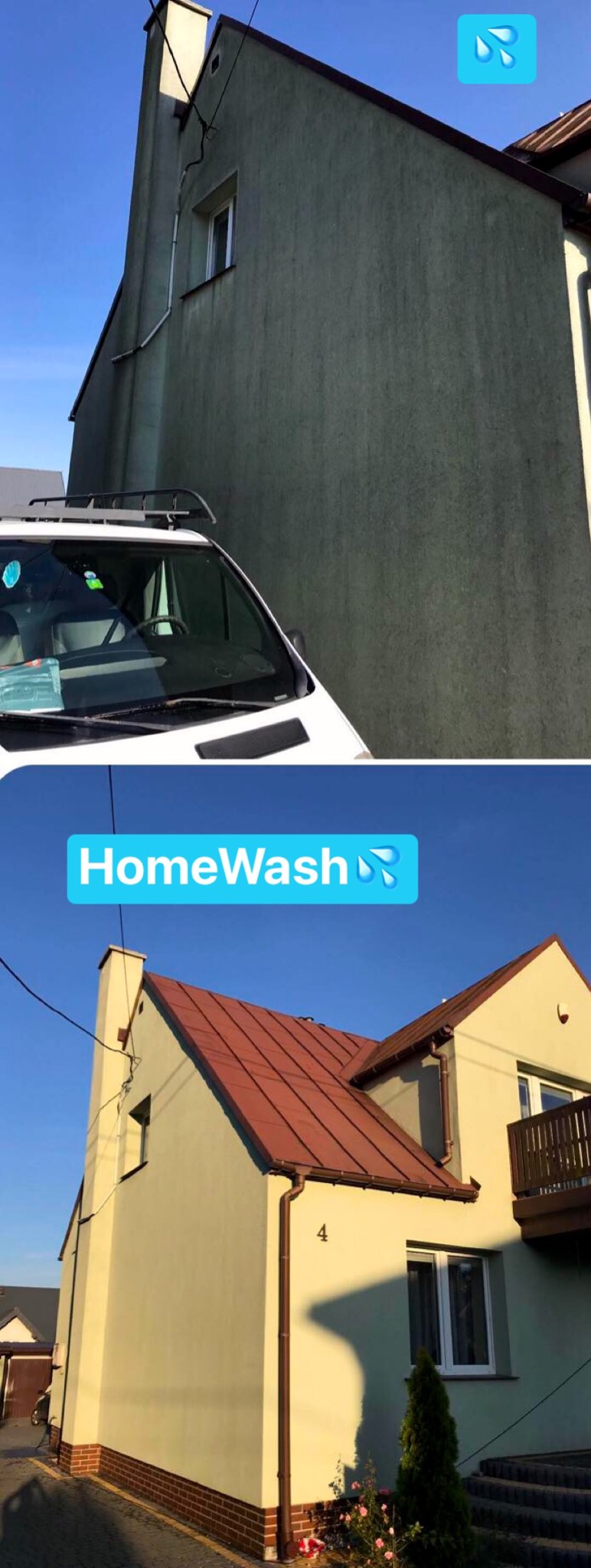 Dwa ujęcia elewacji domu przed i po myciu, widoczne różnice w kolorze i czystości, biały samochód firmy na pierwszym planie.