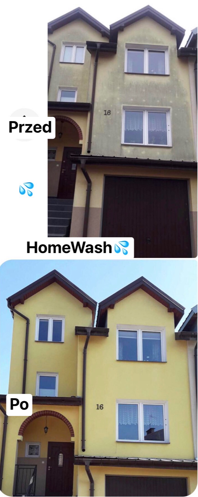 Porównanie elewacji bliźniaka przed i po czyszczeniu; widoczne różnice w kolorze i usunięciu zabrudzeń, numer domu '16' pozostaje bez zmian.