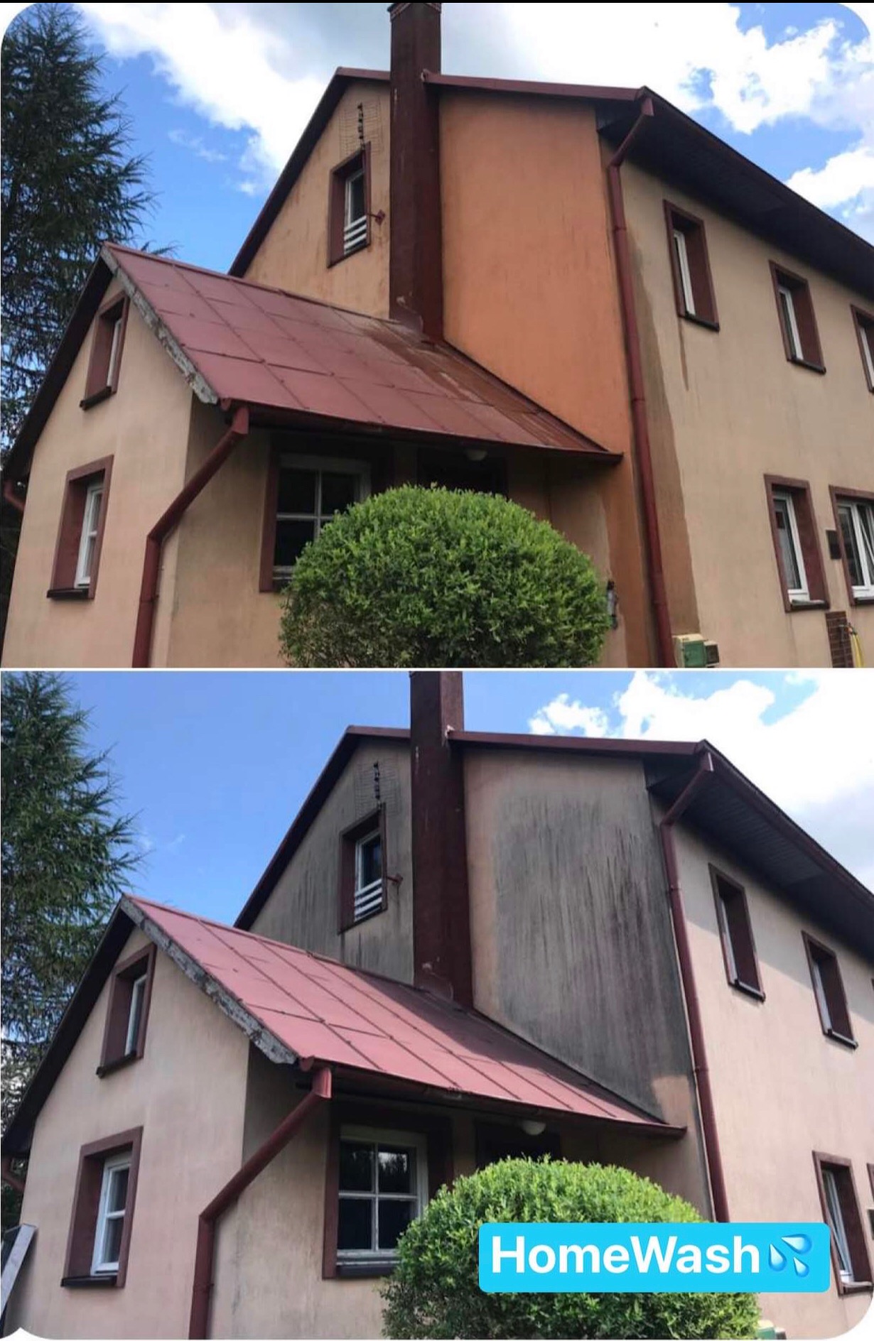 Porównanie stanu elewacji przed i po czyszczeniu: dolna część zdjęcia ukazuje zabrudzoną fasadę, górna część prezentuje budynek po umyciu, z widoczną różnicą w kolorze i brakiem zanieczyszczeń.