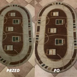 Owalny dywan w odcieniach brązu i beżu, ujęcie z góry, porównanie stanu przed i po czyszczeniu, widoczne różnice w kolorze i usunięte zabrudzenia.
