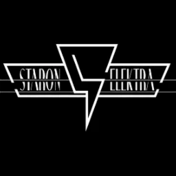 Czarno-białe logo zespołu o nazwie 'Stadion Elektra' z symbolem błyskawicy w stylu art deco.