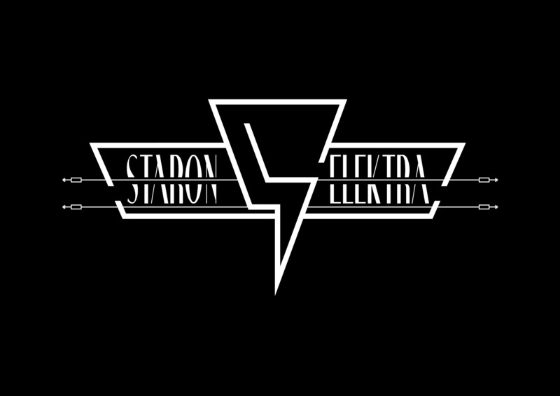 Czarno-białe logo zespołu o nazwie 'Stadion Elektra' z symbolem błyskawicy w stylu art deco.