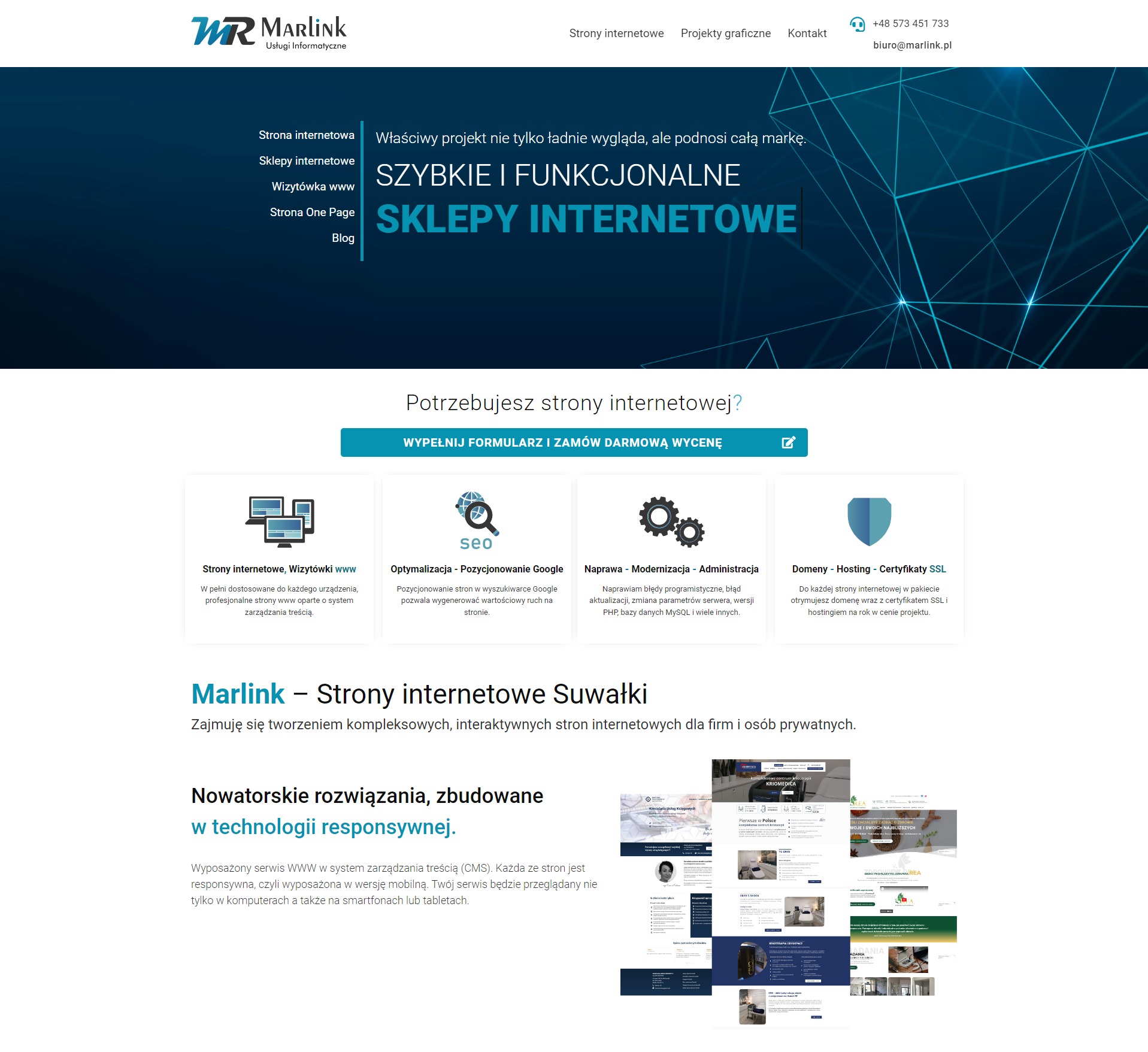 Strona internetowa firmy Marlink z Suwałk, specjalizującej się w tworzeniu responsywnych stron internetowych, z widocznym logo, menu nawigacyjnym i sekcjami promującymi usługi takie jak sklepy...