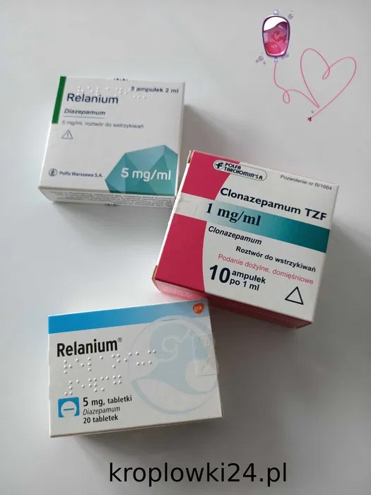 Farmaceutyki Relanium i Clonazepamum TZF w oryginalnych opakowaniach, z oznaczeniami dla niewidomych, na białym tle. Widoczny adres strony internetowej.
