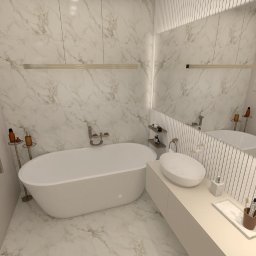 Minimalistyczna wersja stylu glamour w niewielkiej łazience w bloku. Przestrzeń powiększają optycznie jasne, duże płyty w jednolitym dekorze oraz duże lustro.