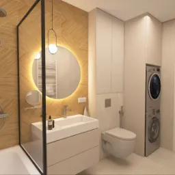 Wizualizacja nowoczesnej łazienki z drewnianymi płytkami ułożonymi w geometryczny wzór, okrągłym lustrem z podświetleniem LED, białymi szafkami, umywalką nablatową i pralko-suszarką w zabudowie.