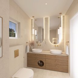 Pro Invest Black&White Aranżacja Wnętrz - Jasna łazienka z dwoma umywalkami, podświetlanymi lustrami i drewnianą szafką z miejscem dla kota. Minimalistyczny design z beżowymi płytkami i nowoczesną armaturą.