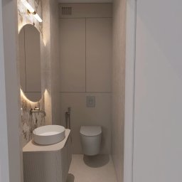 Pro Invest Black&White Aranżacja Wnętrz - Nowoczesna łazienka w beżowej tonacji: owalne lustro z podświetleniem, okrągła umywalka nablatowa, wisząca toaleta i szafki w zabudowie. Minimalistyczny design.