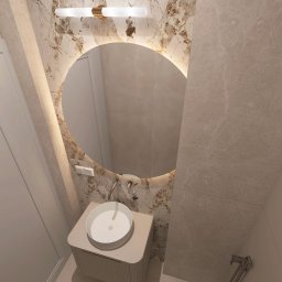 Pro Invest Black&White Aranżacja Wnętrz - Nowoczesna łazienka z okrągłym lustrem podświetlonym LED, marmurowymi płytkami i beżową szafką z umywalką. Minimalistyczny design, ciepłe oświetlenie.