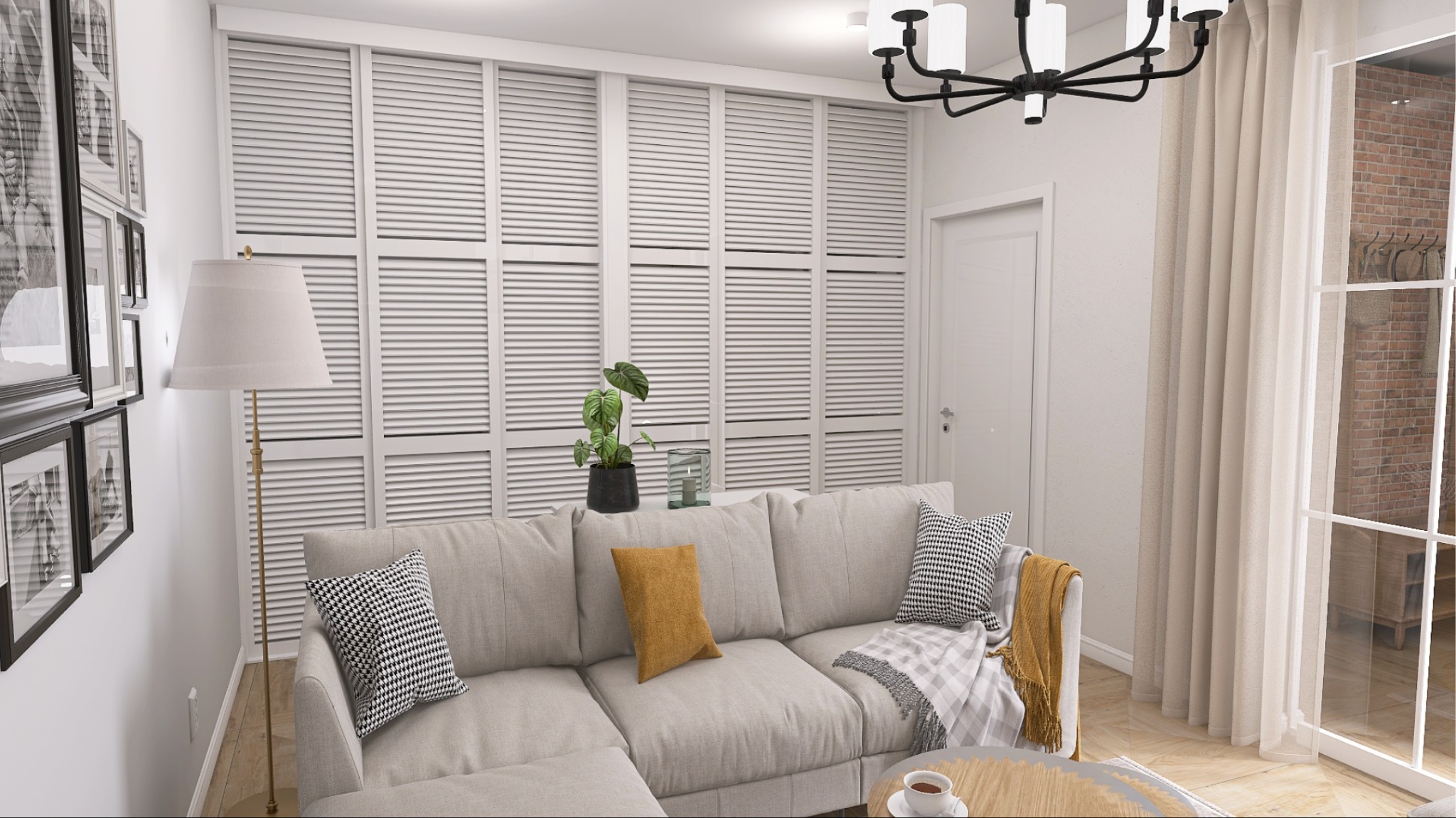 Jasny salon z szarą sofą narożną, wzorzystymi poduszkami, drewnianym stolikiem kawowym i lampą podłogową, okno z widokiem na ceglaną ścianę.