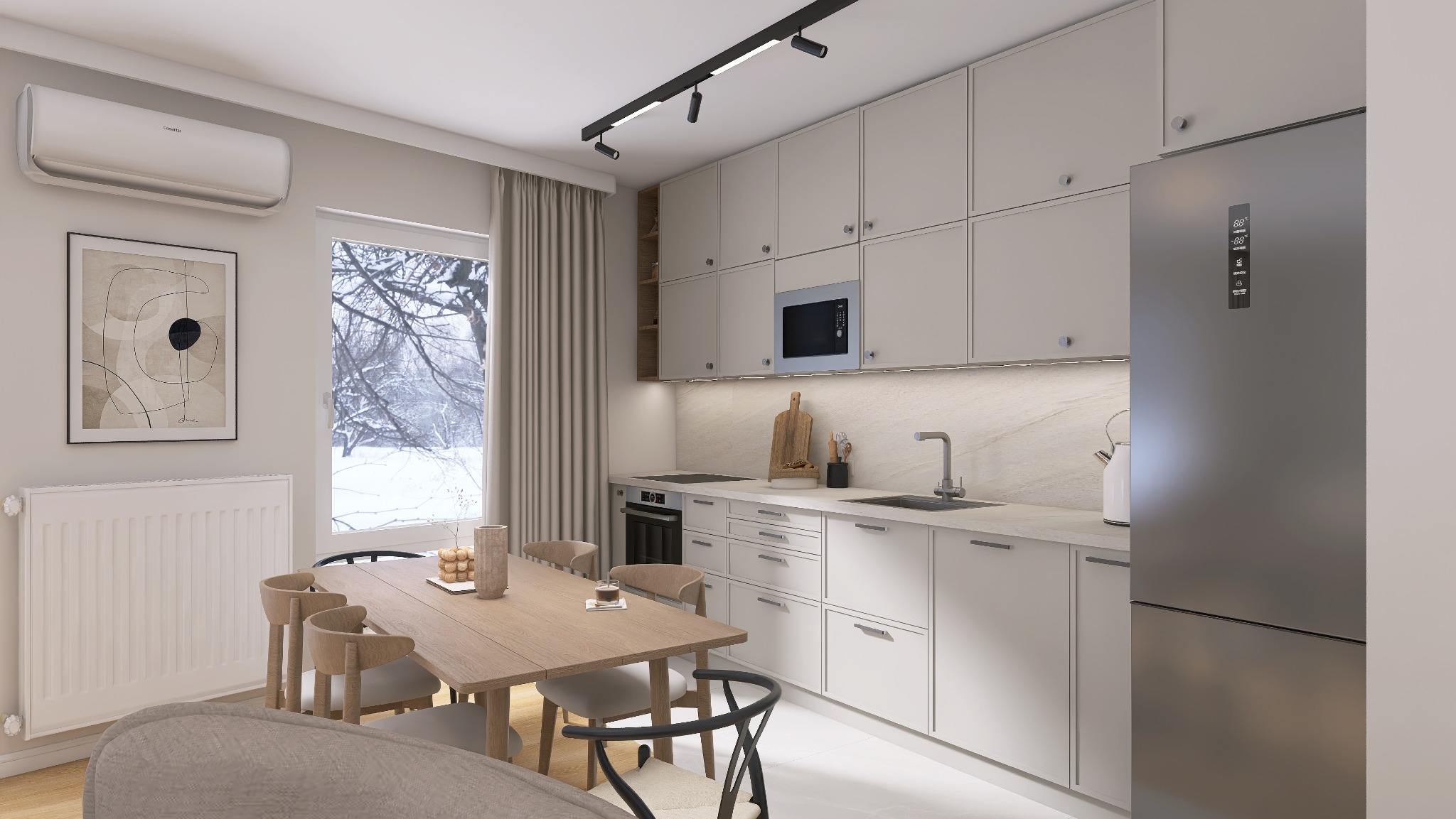 Jasna kuchnia z drewnianym stołem i krzesłami, minimalistyczny design, widok na zaśnieżone drzewa za oknem, oświetlenie punktowe na suficie.