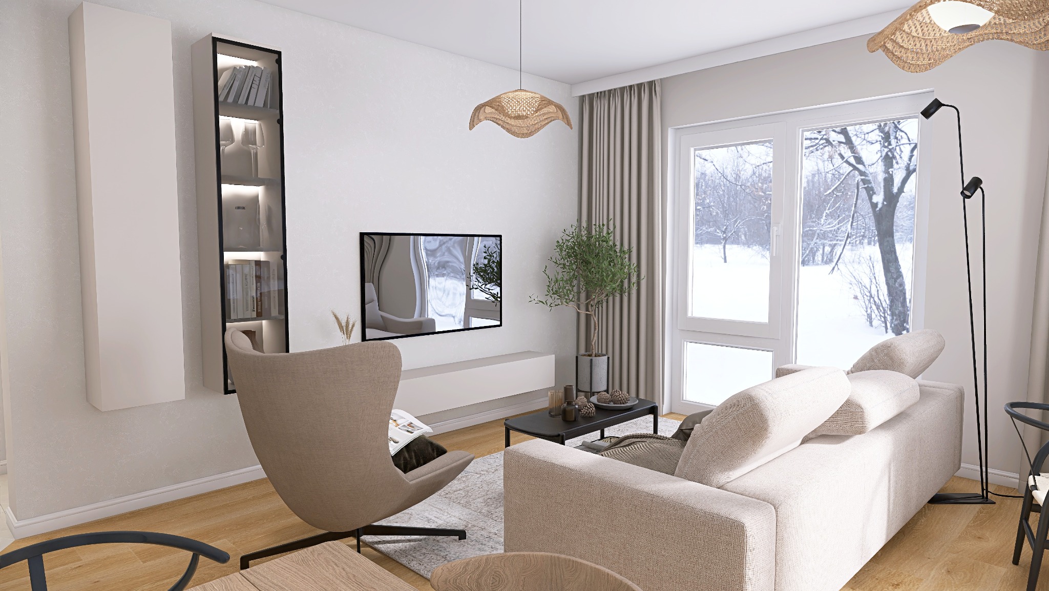 Jasne wnętrze salonu z beżową sofą, fotelem obrotowym i widokiem na zasypany śniegiem ogród przez duże okno.