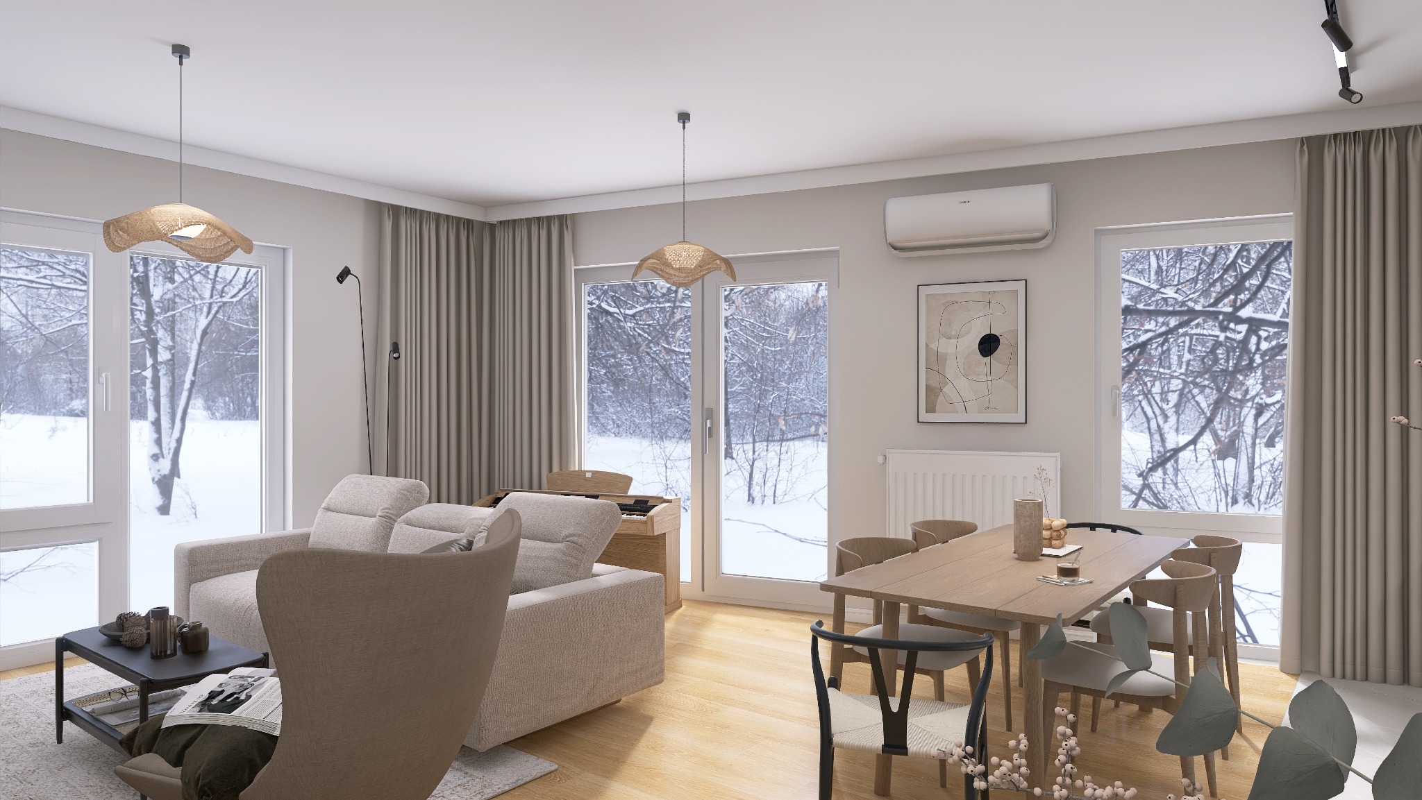 Jasne wnętrze salonu z jadalnią w neutralnych barwach, widok na zimowy krajobraz za oknem, lampy z abażurami z naturalnego materiału, drewniany stół z krzesłami i sofa z fotelem.