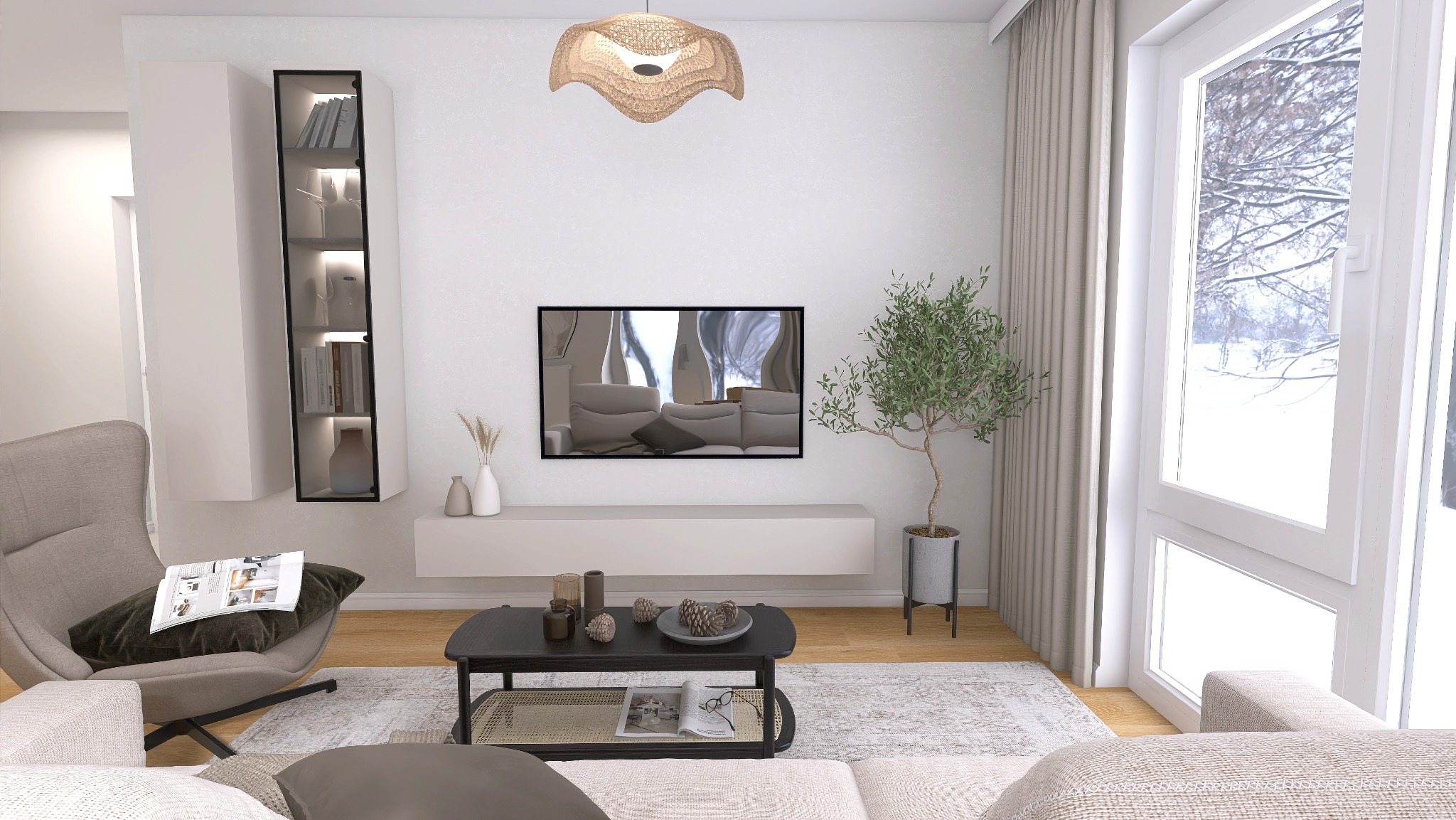Wizualizacja salonu w neutralnych barwach z widokiem na zimowy krajobraz za oknem, nowoczesne meble, dekoracje i oświetlenie tworzą przytulną atmosferę.