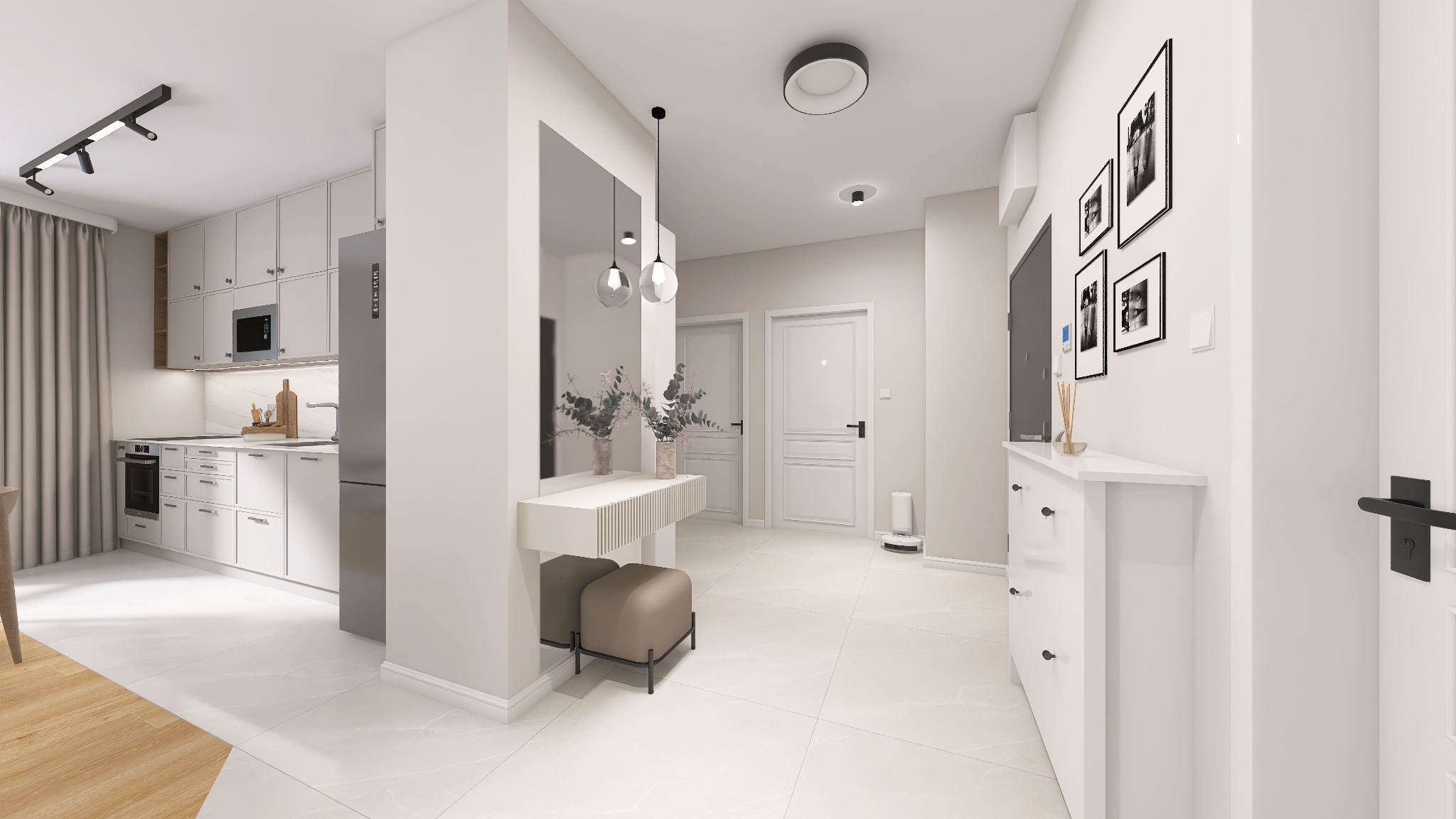 Wizualizacja wnętrza: biała kuchnia otwarta na przedpokój z konsolą, lustrem i pufą, oświetlenie punktowe, minimalistyczne dodatki.