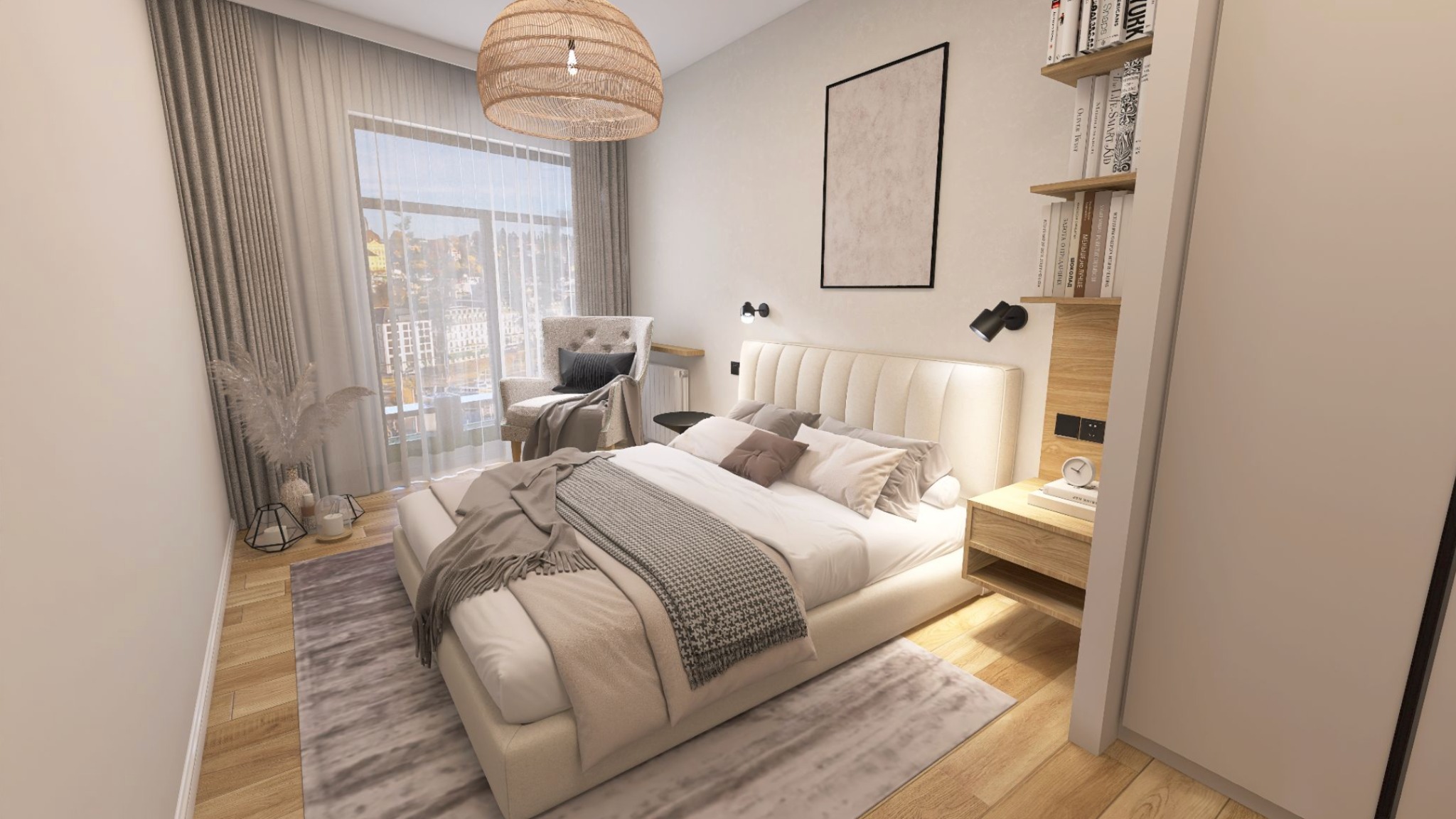 Elegancka sypialnia w jasnych barwach z łóżkiem kontynentalnym, drewnianą podłogą i dywanem w odcieniach szarości, oświetlona wiszącą lampą z naturalnego materiału, z widokiem na miasto za oknem.