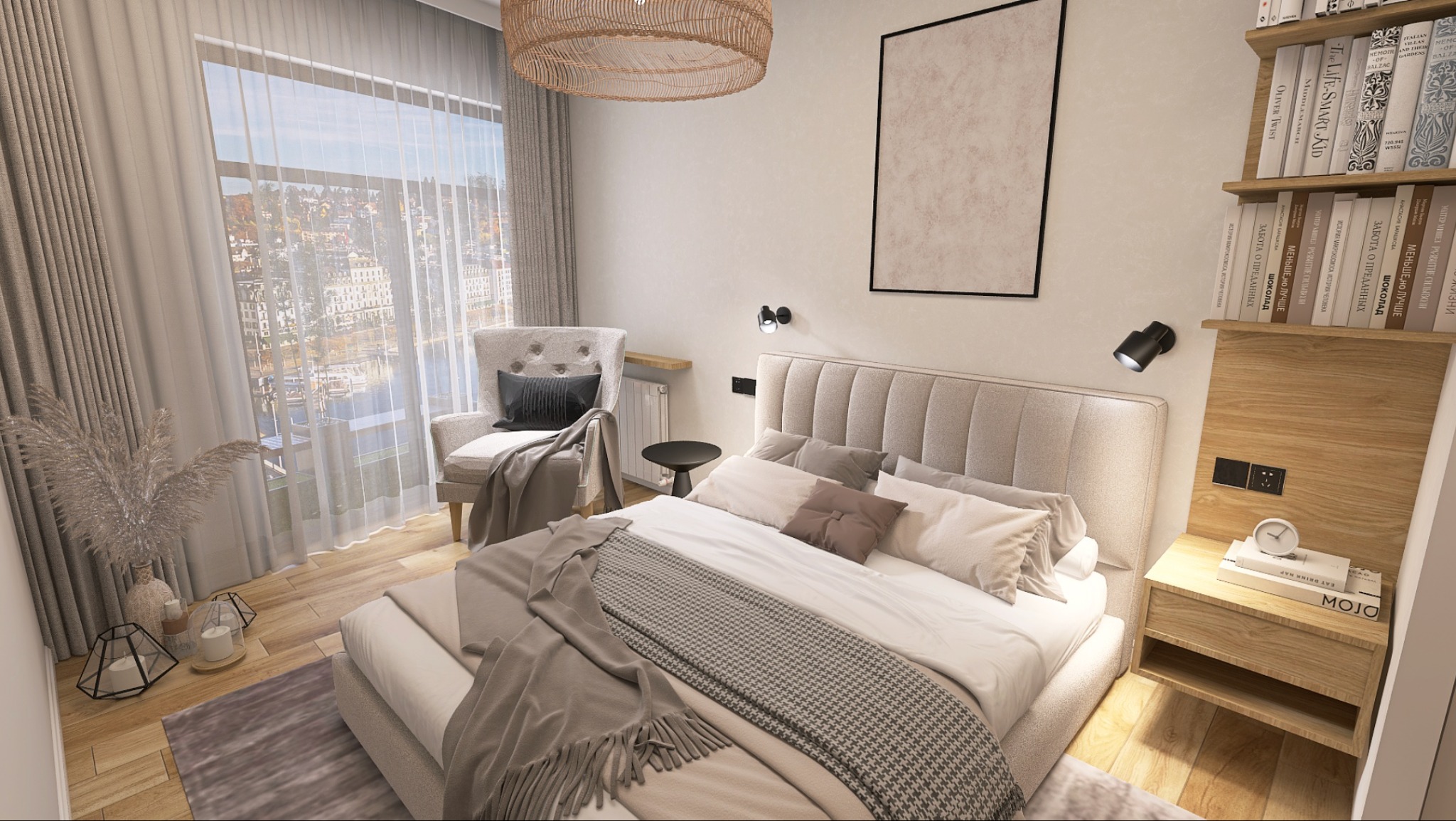 Jasna sypialnia w neutralnych barwach z łóżkiem z beżowym zagłówkiem, rattanowym żyrandolem i widokiem na miasto za oknem.
