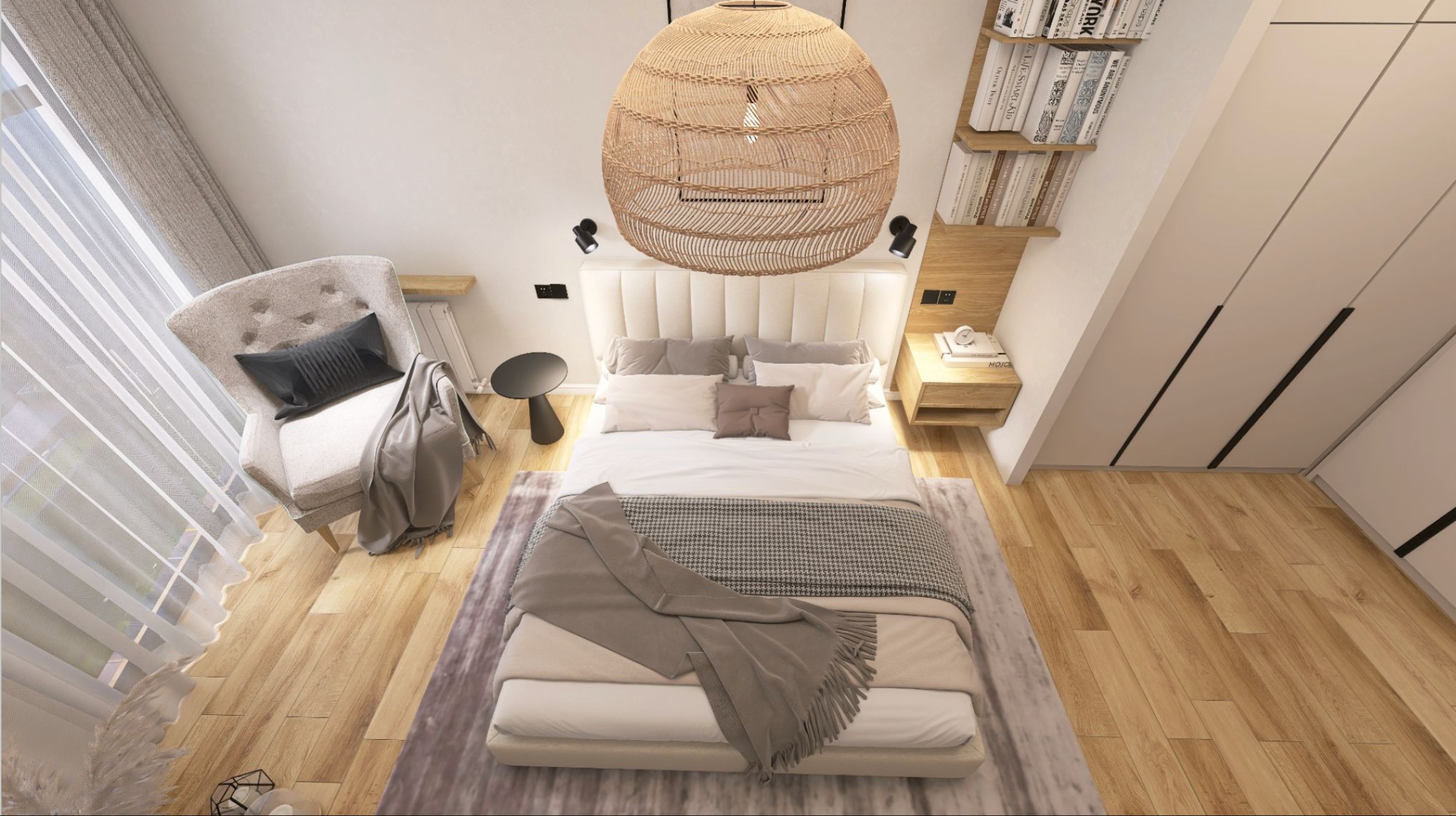 Wnętrze sypialni z łóżkiem, fotelem z poduszką, lampą z wikliny i drewnianą podłogą, widok z góry.
