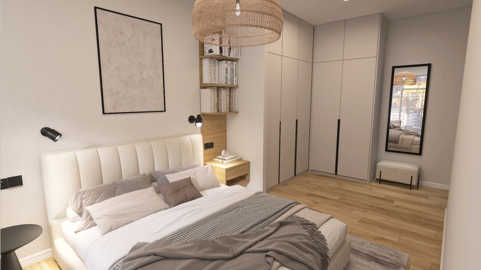Jasna sypialnia z łóżkiem king-size, drewnianą podłogą i dużą szafą w zabudowie, lampa wisząca z rattanu, lustro odbijające widok na miasto.