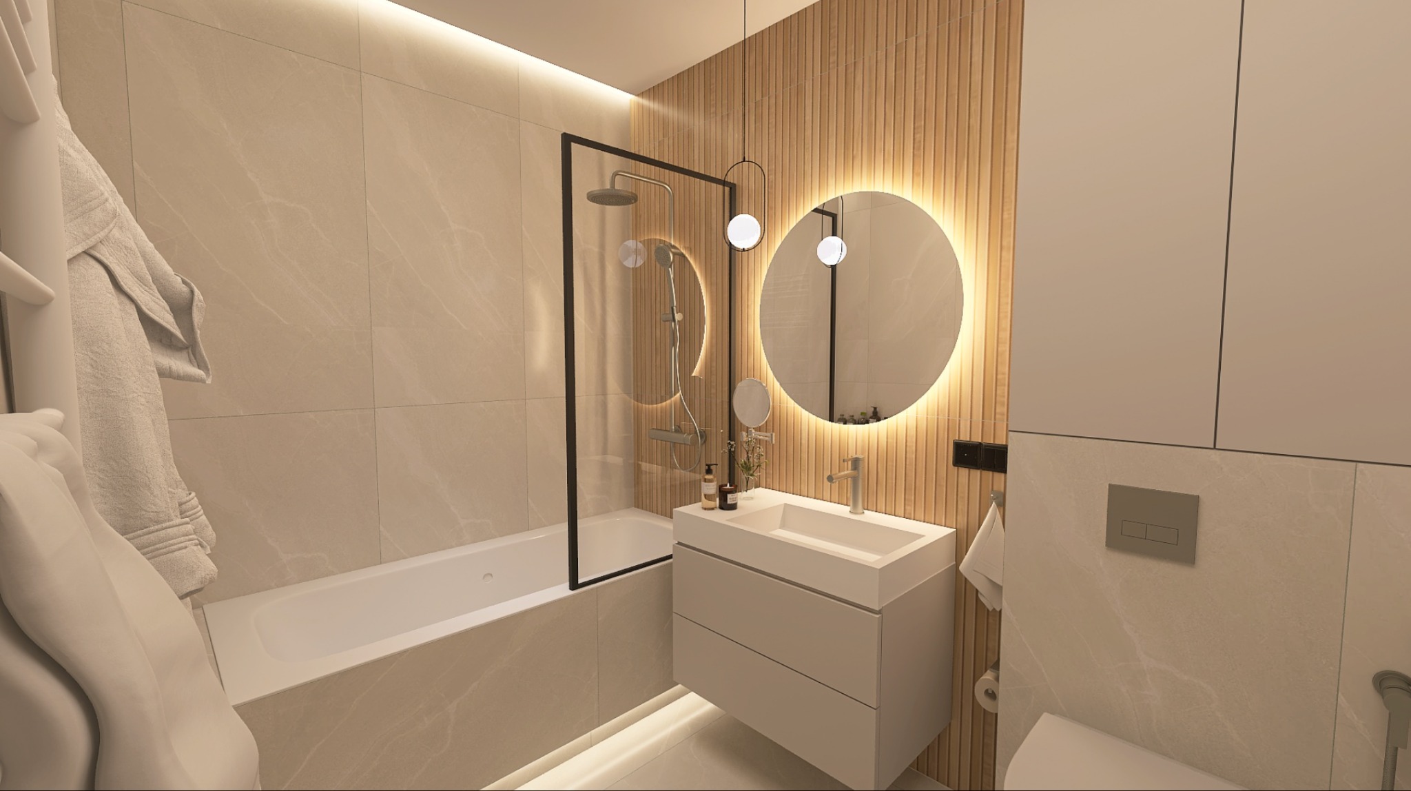 Nowoczesna łazienka z wanną za czarną szybą, umywalką z szafką, okrągłym lustrem podświetlonym LED i drewnianą ścianą.