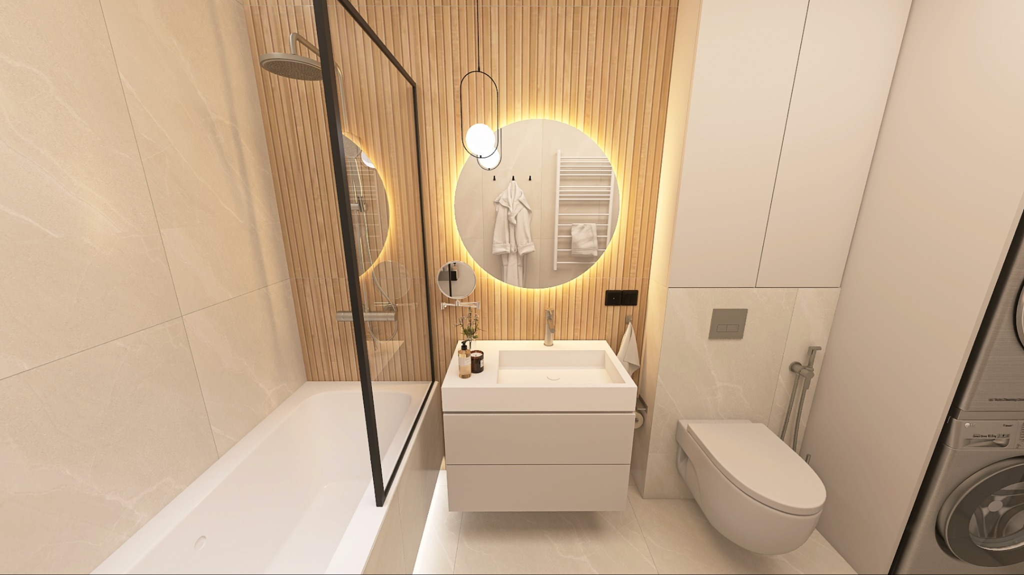 Nowoczesna łazienka z wanną za szklaną ścianką, umywalką z szafką, okrągłym lustrem z podświetleniem LED i drewnianą okładziną ścienną