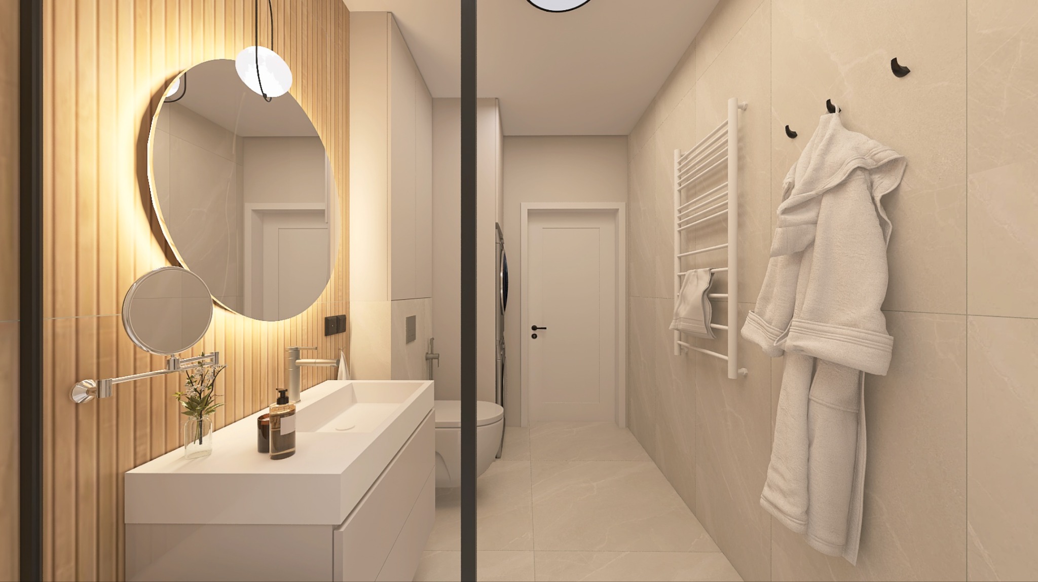 Nowoczesna łazienka z okrągłym lustrem podświetlanym LED, białą umywalką nablatową i grzejnikiem drabinkowym z szlafrokiem.