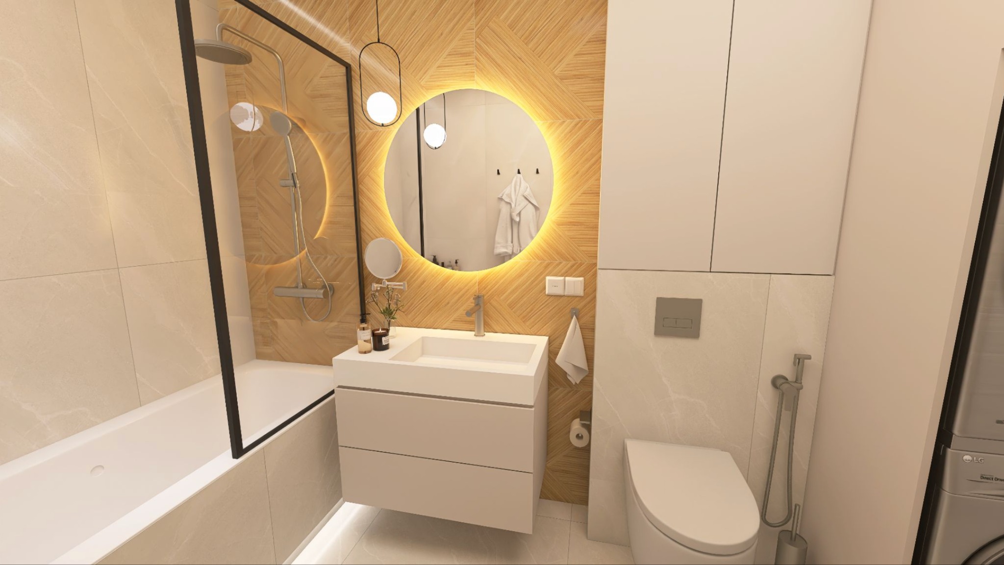 Nowoczesna łazienka z kabiną prysznicową za czarną ramą, umywalką na szafce, okrągłym lustrem z podświetleniem LED, i drewnianą mozaiką na ścianie.