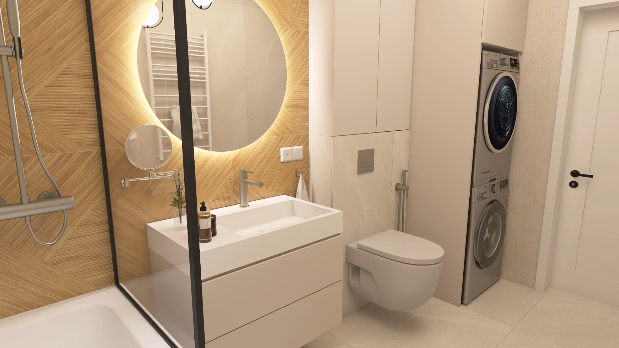 Nowoczesna łazienka w Rogoźnie z drewnianą mozaiką na ścianie, okrągłym lustrem podświetlanym LED, białą umywalką z szafką, toaletą podwieszaną i pralko-suszarką w zabudowie.