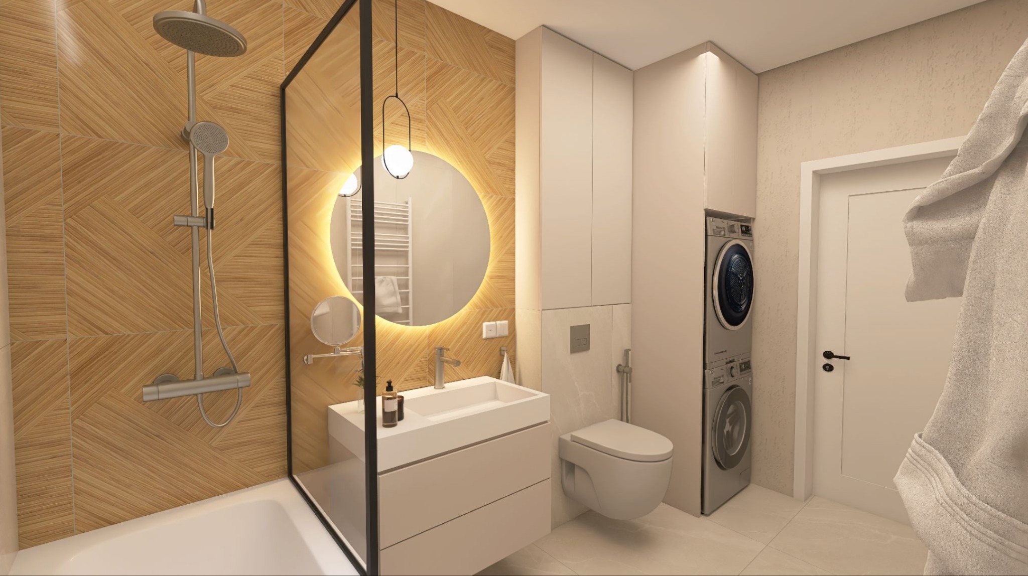 Wizualizacja nowoczesnej łazienki z drewnianymi płytkami ułożonymi w geometryczny wzór, okrągłym lustrem z podświetleniem LED, białymi szafkami, umywalką nablatową i pralko-suszarką w zabudowie.