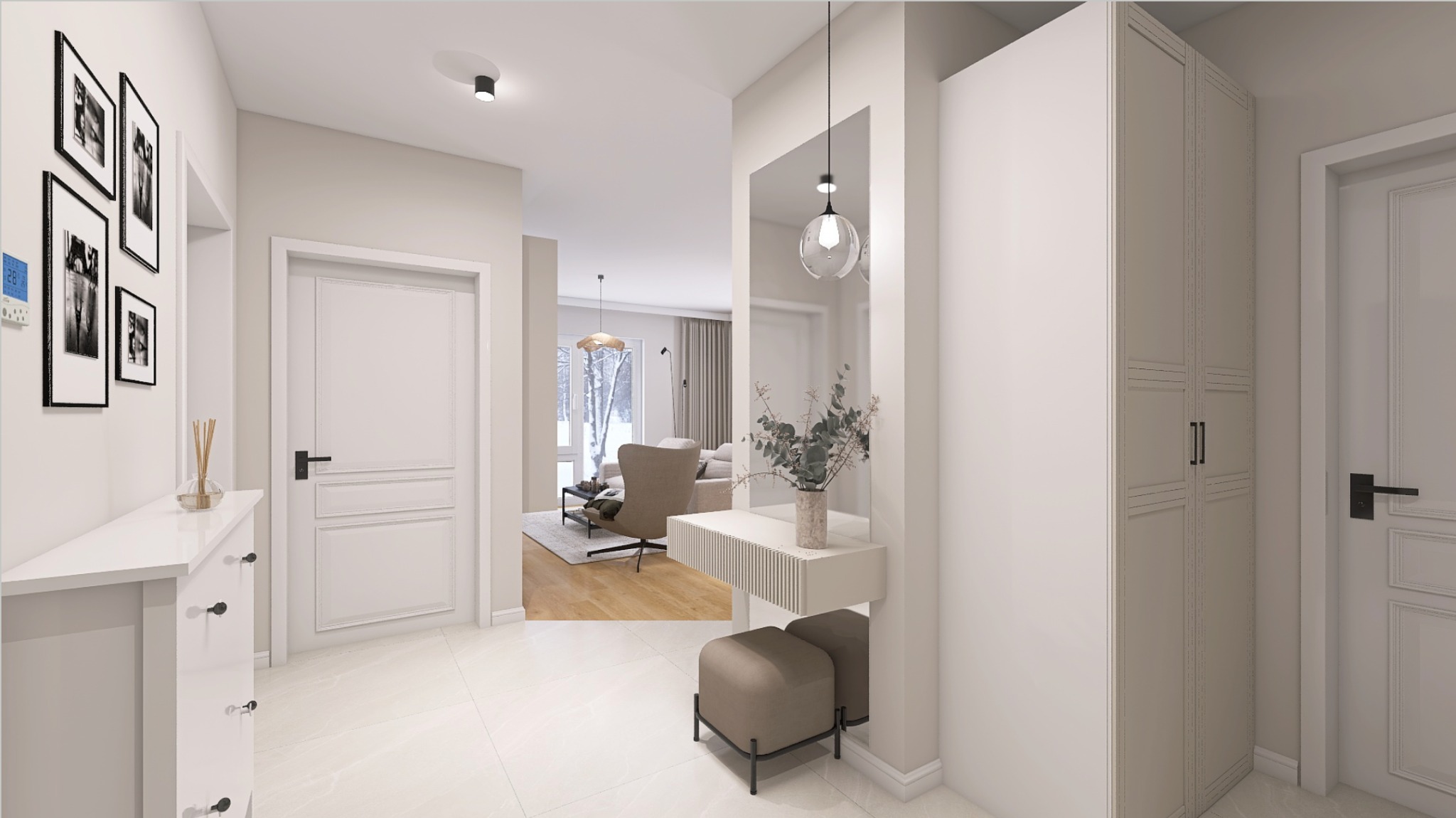 Wnętrze jasnego przedpokoju z białymi meblami, lustrem z konsolą i pufami oraz widokiem na salon z beżowym fotelem i kanapą.