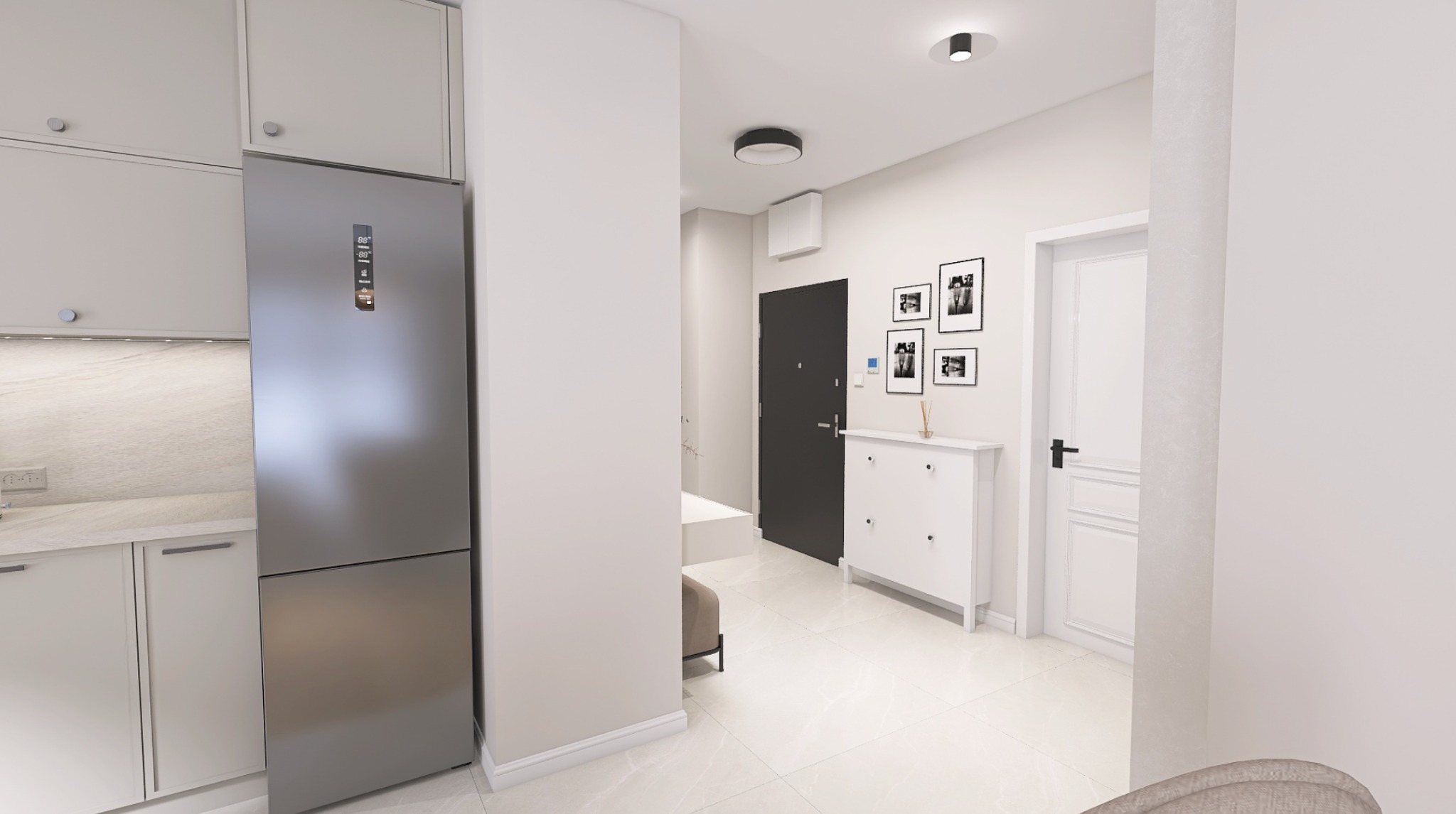 Wizualizacja przedpokoju w jasnych barwach z szarą lodówką, białą szafką na buty, czarnymi ramkami ze zdjęciami na ścianie i marmurową podłogą.