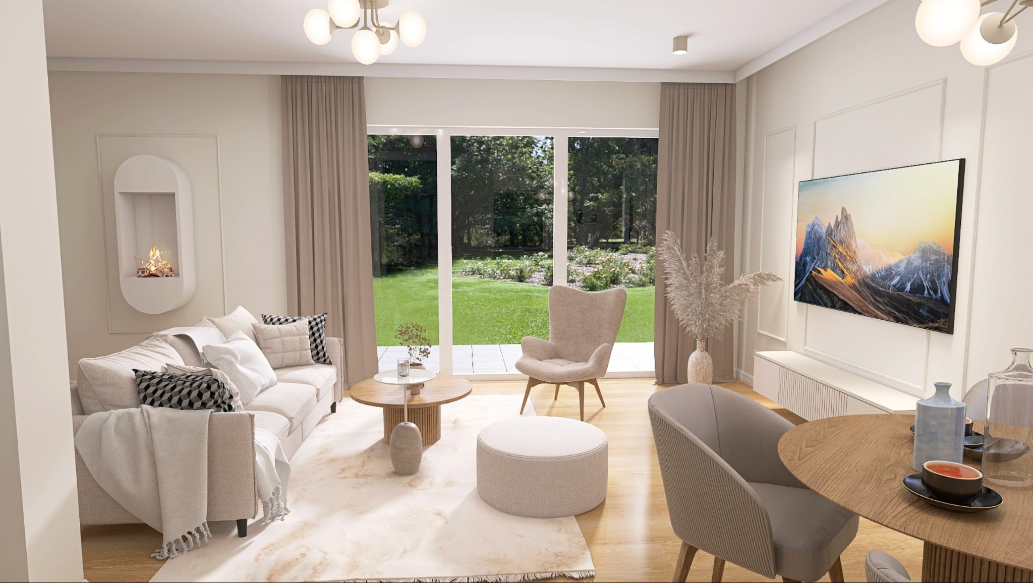 Jasne wnętrze salonu z beżową sofą, okrągłym stolikiem kawowym i telewizorem na ścianie. Widok na ogród przez duże okno. Minimalistyczny design z elementami dekoracyjnymi.