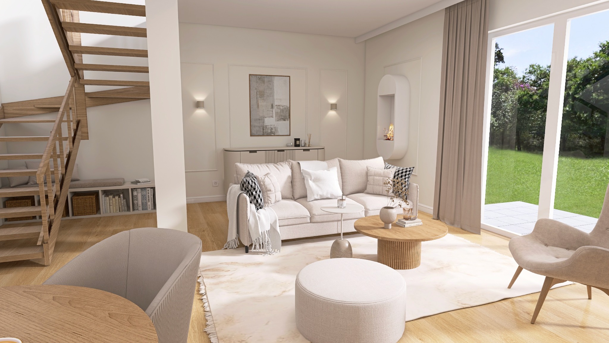 Jasne wnętrze salonu z drewnianymi schodami, beżową sofą, okrągłym stolikiem kawowym i dużym oknem z widokiem na zieleń. Minimalistyczny design, ciepłe oświetlenie.